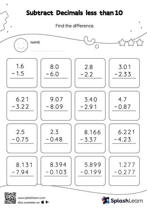 Subtract Decimals Less Than Vertical Subtraction Worksheet