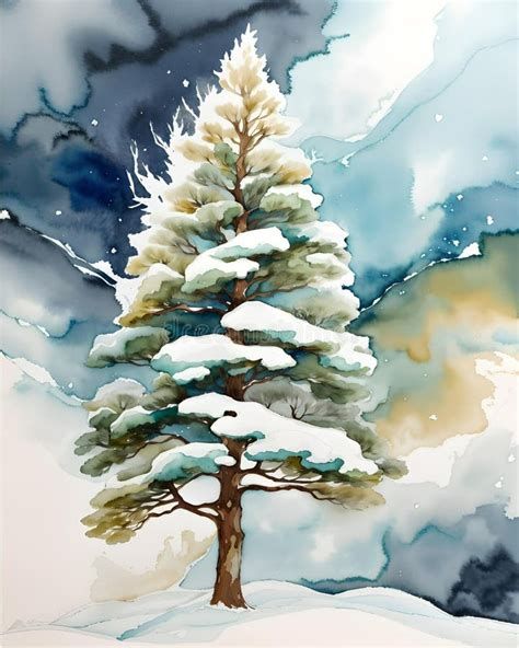 Watercolor Alcohol Ink Tall Pine Tree in the Forest Stock Illustration ...