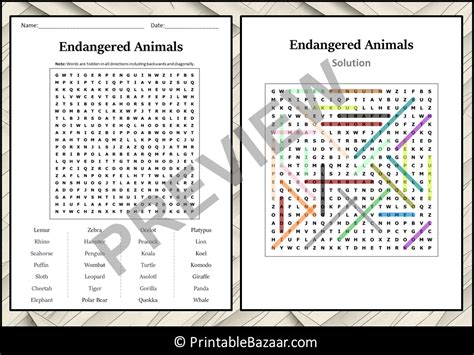 Endangered Animals Word Search Puzzle Worksheet Activity Teaching