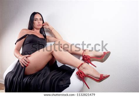 Sexy Curvy Brunette Black Long Dress Stock Photo 1132821479 Shutterstock