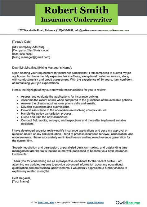 Insurance Underwriter Cover Letter Examples Qwikresume