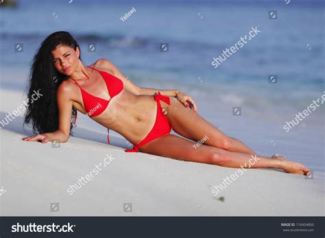 Beautiful Woman Red Bikini On Beach Stock Photo Shutterstock