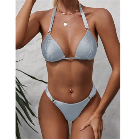 Women S Two Piece Bikini Sets Sexy Halter Ring Swimsuit Triangle String