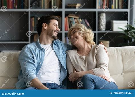 Happy Mature Mother Relax Having Fun With Adult Son Stock Image Image Of Concept Living