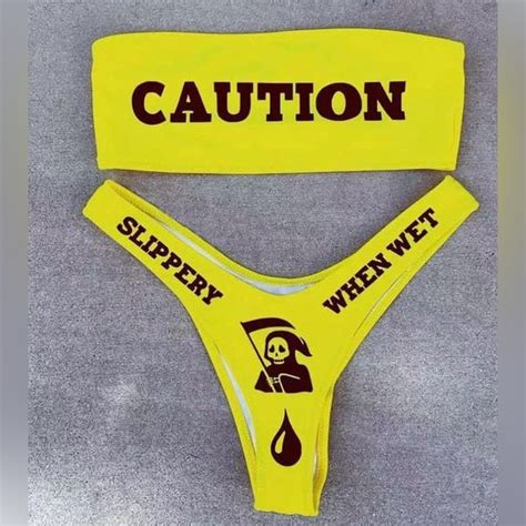 Swim Caution Slippery When Wet Yellow Bandeau High Leg Bikini Set Poshmark