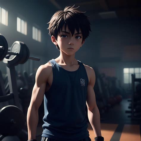 premium photo  boy stands  front   gym   word gym