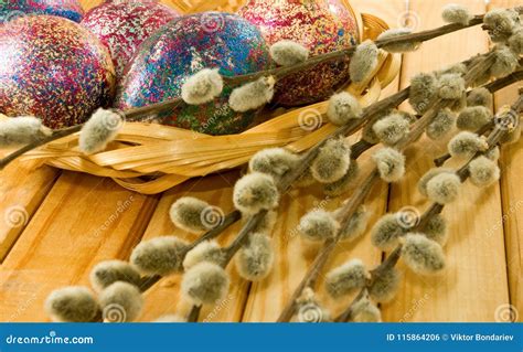 Image Of Pussy Willow And Easter Eggs On A Table Closeup Stock Photo Image Of Branch Flower