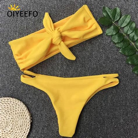 Aliexpress Buy Oiyeefo Solid Yellow Knot Beach Bikini Set Sexy