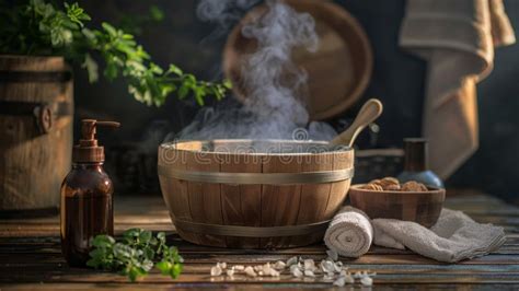 Relaxing Spa Setting With Steaming Wooden Tub Stock Photo Image Of