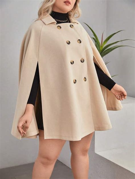 SHEIN Essnce Plus Double Breasted Cloak Sleeve Cape Overcoat SHEIN USA