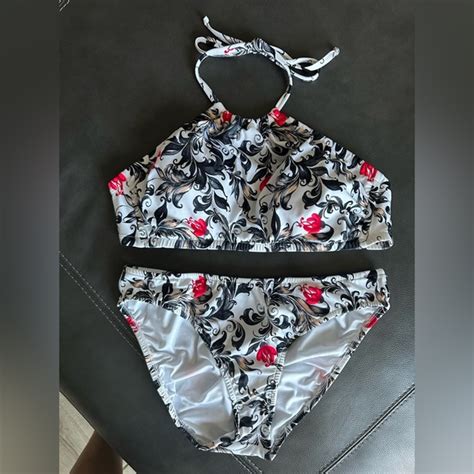 VENUS Swim Venus Black White And Red Floral Halter Bikini New Poshmark