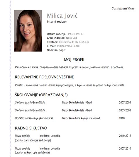 Cv Bez Iskustva Primer Girha Curriculum Vitae