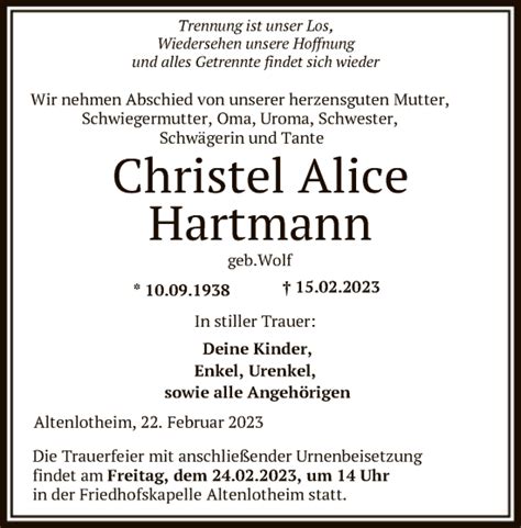 Traueranzeigen Von Christel Alice Hartmann Trauer Hna De