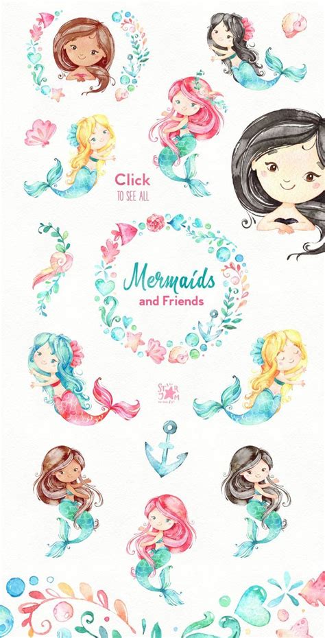 Mermaids And Friends Underwater World Watercolor Clipart Mermaid