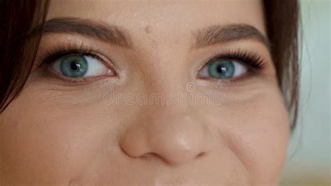 Closeup Face Of Beautiful Brunette Smiling Woman Looking To Camera Slowmo Stock Footage Video