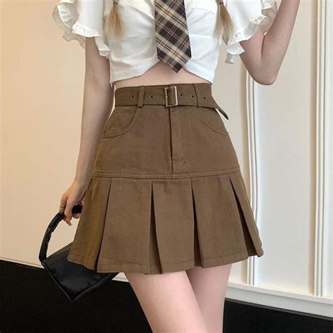 Houzhou Denim Pleated Skirt Women Vintage Preppy Style Korean Cute High