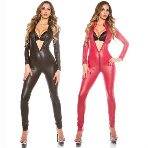 Plus Size Xl Faux Leather Wetlook Sexy Lingerie Hot Catsuit Women Full Body Pantyhose Long
