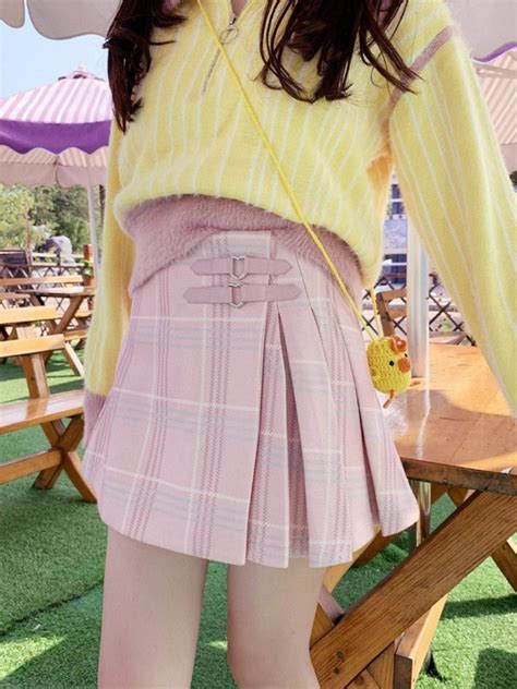 Harajuku Kawaii Fashion Hime Gyaru Plaid Woolen Mini Skirt Pinkwhite