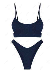 ZAFUL Ribbed Textured Cut Out High Cut Bikini Swimwear In DEEP BLUE ZAFUL