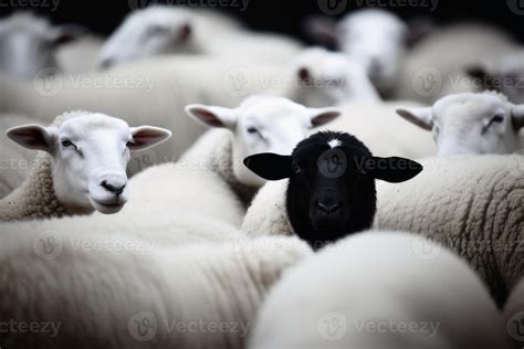 One Black Sheep In A Herd Of White Sheep Stock Photo At Vecteezy