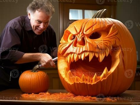 Man Carving A Sinister Jack O Lantern Ai Generative 28917344 Stock