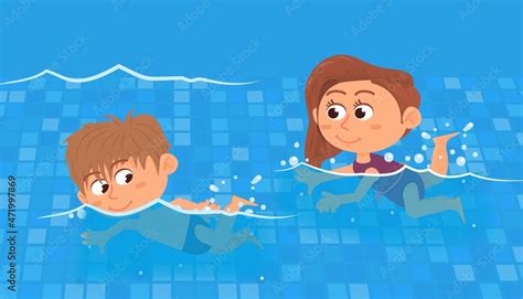 Swimming competition. Kids swim in pool, sport training. Cartoon boy ...