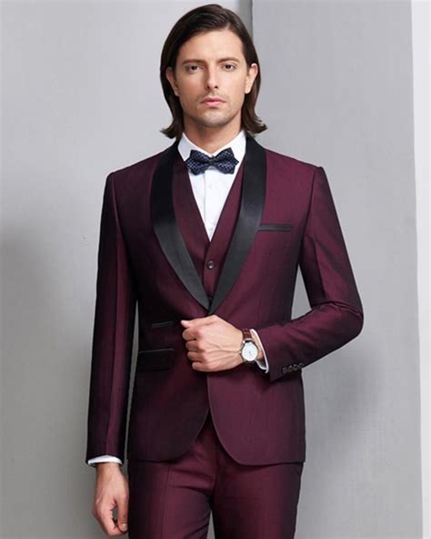 High Quality Wine Shawl Lapel Prom Men Tuxedo Groom Mens Suits Pieces