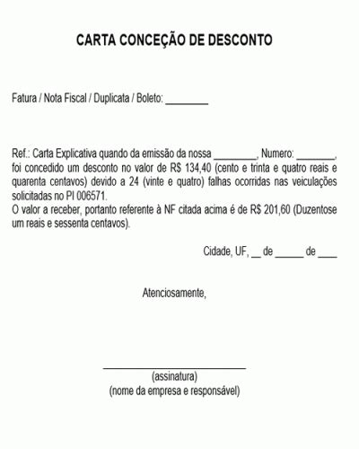 Modelo De Carta De Desconto Concedido Ao Cliente Em Fatura Duplicata