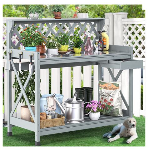 Outdoor Garden Workstation Table With Drawer Potting Bench Table Wexposed Rack Hanger Pvc