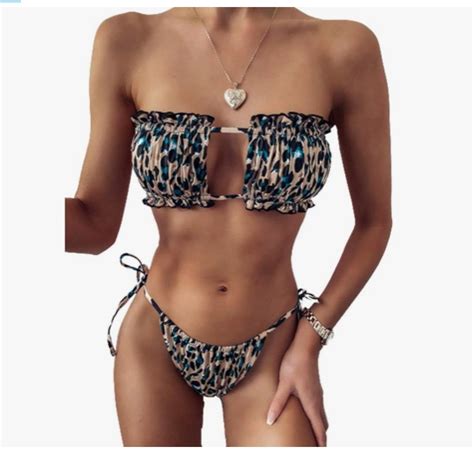 SIZE M Women S Ruched Bandeau Bikini Sets Two Piece Leopard Butterfly Print Strapless Tie