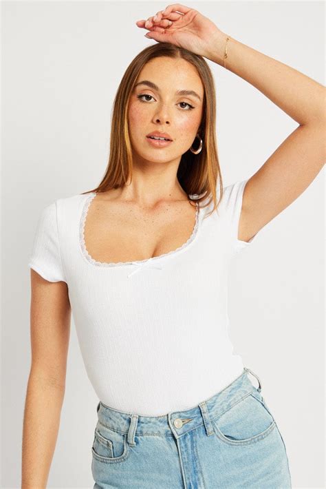 White Top Short Sleeve Scoop Neck Lace Trim Ally Fashion