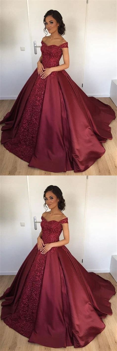 Ball Gown Off Shoulder Burgundy Satin Beaded Quinceanera Dress With