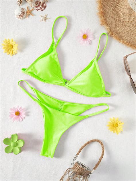 Bikinx Neon Lime Triangle Thong Bikini Swimsuit Shein Uk