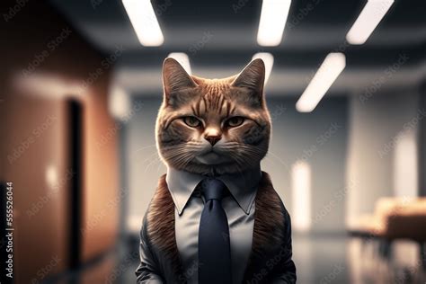 Portrait Of A Cat In A Suit In An Office Ai Generated Stock