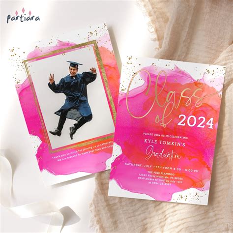 Graduation Invitation Printable Photo Grad Party Invite Editable Template Hot Pink Orange Gold