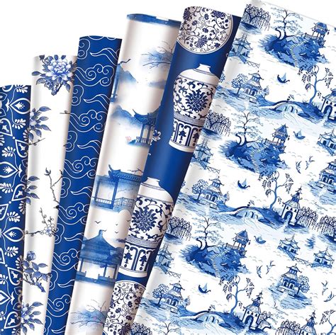 Hahamatel 12 Sheets Chinoiserie Wrapping Paper Blue