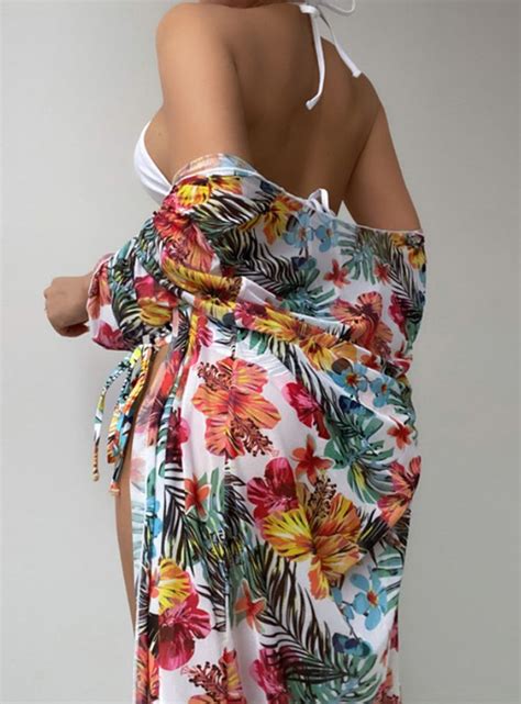 Floral Print Three Piece Bikini Set Halter Neck Long Sleeves Beach Holiday Bathing Suit Toris