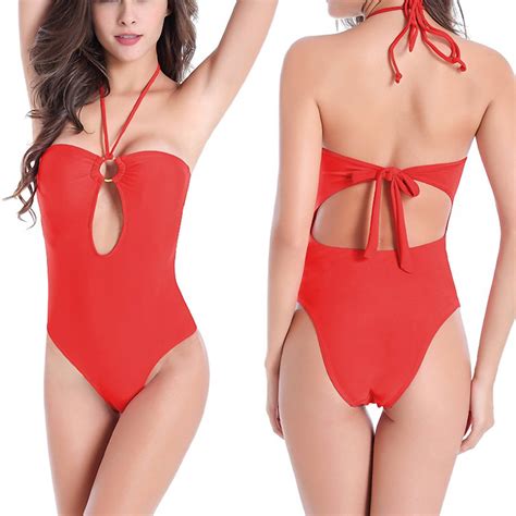 Ndbuld One Piece Swimsuit Women Women S Solid Color Hanging Neck Swimsuit Sports Bikini