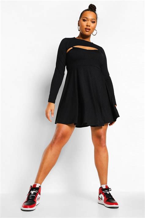 Womens Plus Jumbo Rib Cut Out Skater Dress Boohoo Uk