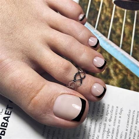 Black French Tip Press On Toenails Short Square Natural Nude Fake Toenails Acrylic Toe Nails