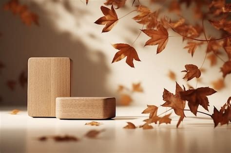Premium Ai Image Two Wood Podium Display Natural Nude Beige Banner Backdrop With Branch Shadow
