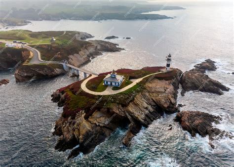 Aerial view of lighthouse isla pancha, ribadeo, galicia, lugo, spain ...