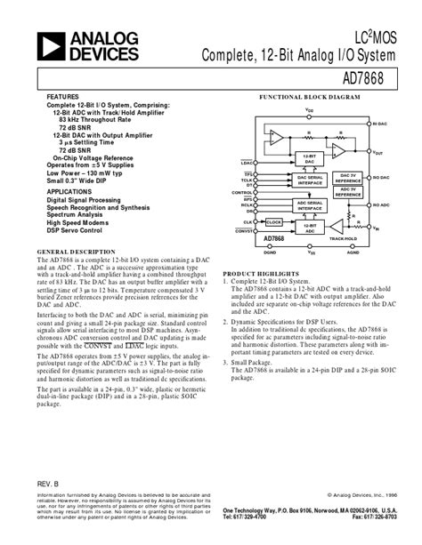 Ad7868 Analog Devices System Hoja De Datos Ficha Técnica