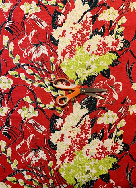 S Floral Barkcloth Fabric Pussy Willow Hydrangea Tiger Lily