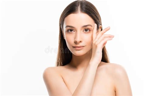 Nude Woman With Daisy In Hair Looking At Camera Isolated On Grey Stock