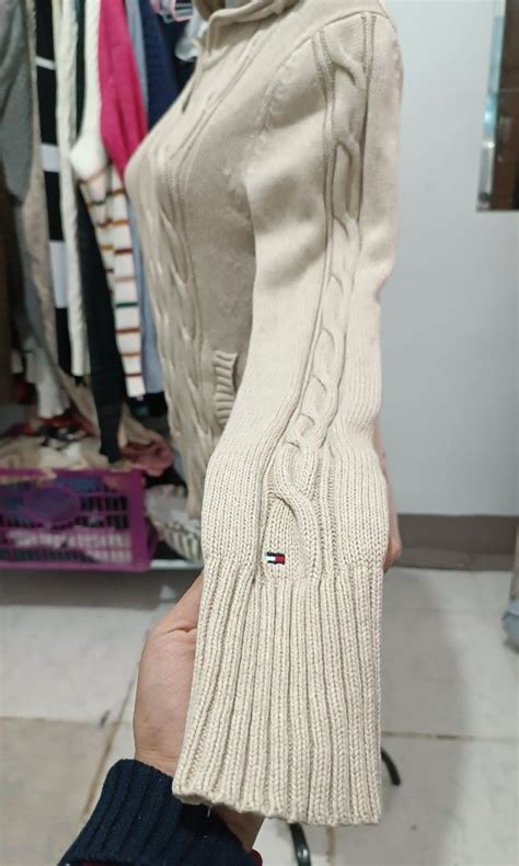 Tommy Hilfiger Nude Brown Cable Knitted Jacket With Hood On Carousell
