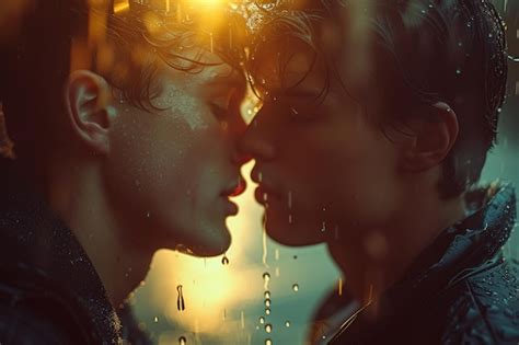 Una linda foto de una pareja gay besándose bajo la lluvia Foto Premium
