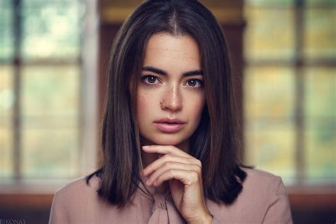 Brunette Russian Model Face Freckles Lidia Savoderova Eikonas Brown Eyes Model HD