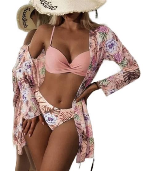 Str J K Pielowy Bikini Z Pareo Kwiaty Biustonosz Push Up Wysoki Stan L