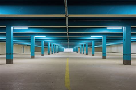 An Empty Underground Parking Lot With Blue Concrete Background High